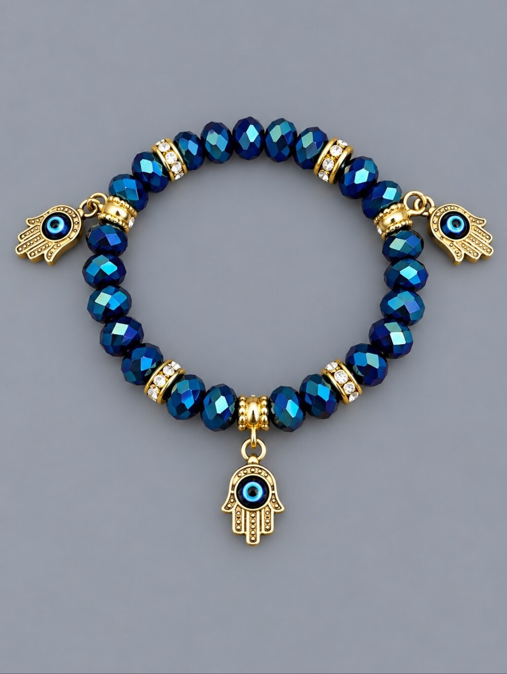 HANDMADE Crystal Bead Hamsa Fatima Charms Protection Stretch Bracelet